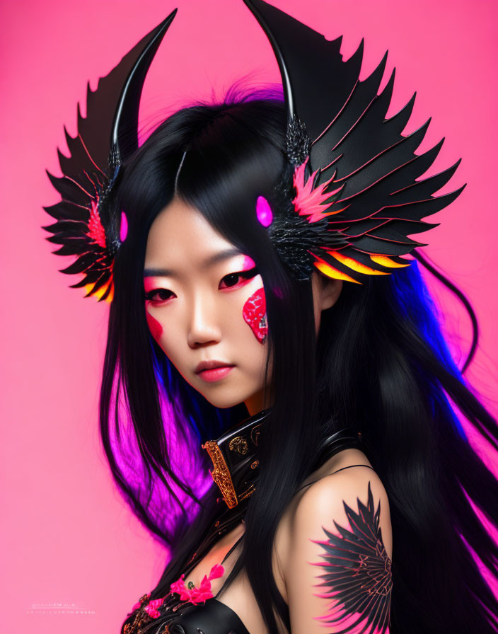 Woman with Black Wings, Pink Makeup, Tattoos, and Blue Hair on Pink Background