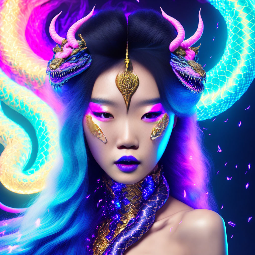 Vibrant Blue Hair Portrait with Gold Horns and Makeup on Purple Background