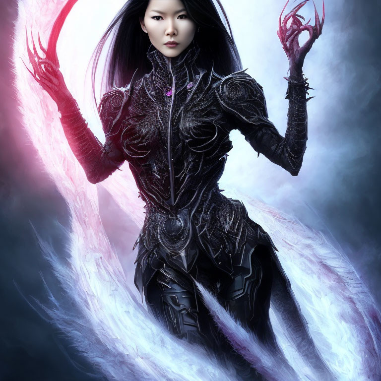 Digital Artwork: Woman in Black Armor with Red Weapons