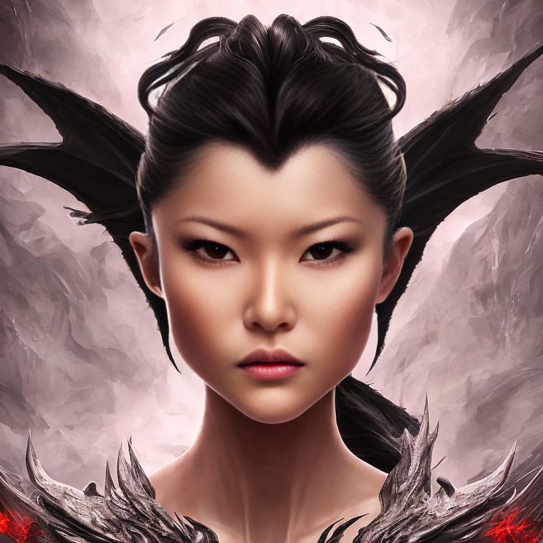 Symmetrical black horns on intense gaze woman artwork