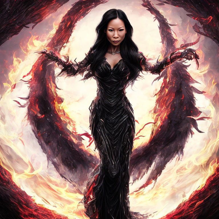 Woman in Black Dress Surrounded by Fiery Phoenix-Shaped Inferno