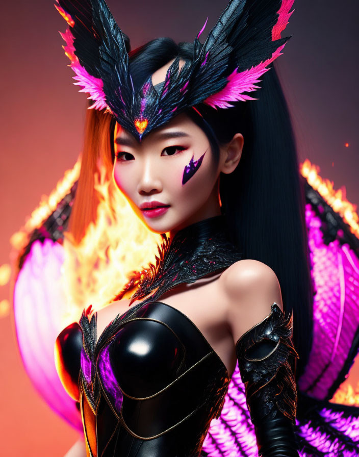 Woman in black and pink feathered headpiece and futuristic armor against fiery pink backdrop