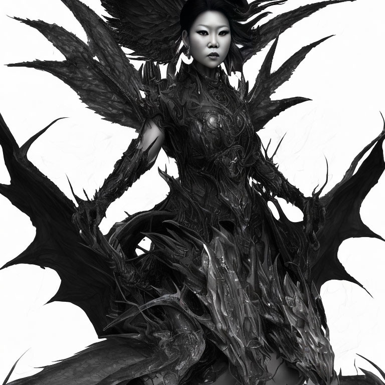 Monochrome image of person in dark fantasy armor with wing-like extensions