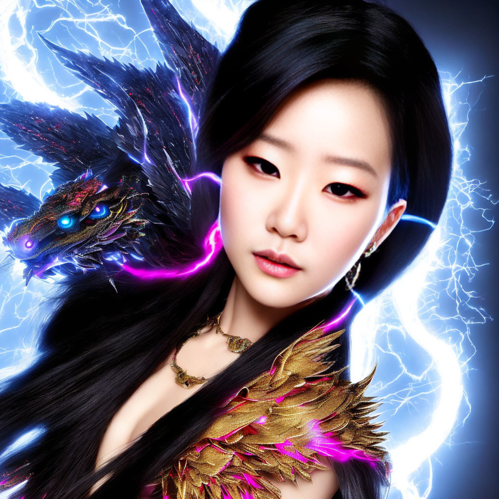 Woman in golden armor with striking makeup and black hair beside blue-eyed dragon in electric energy.