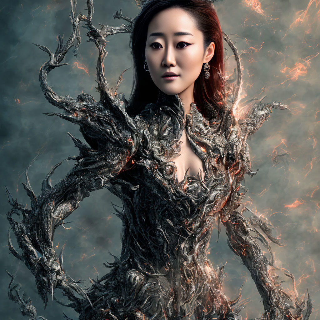 Fantasy-inspired woman in organic branch armor with fiery background