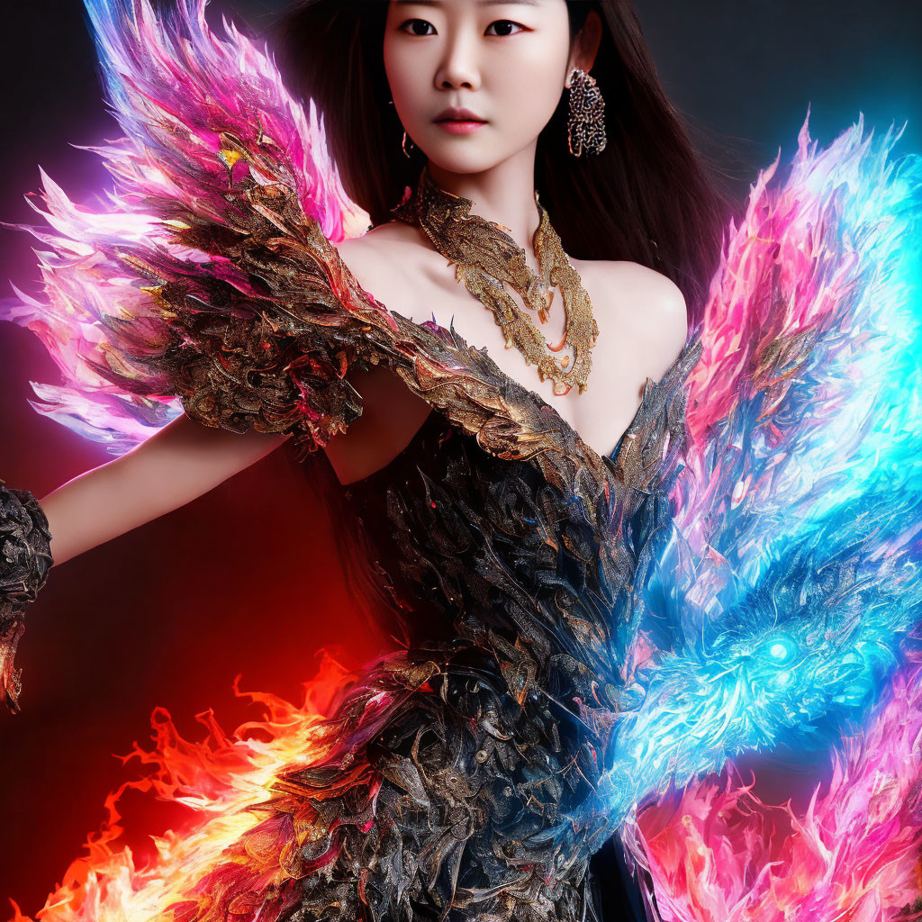 Woman in black feathered dress with fiery and icy wings on dark background