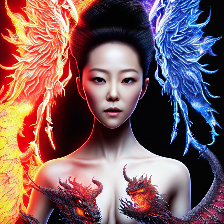 Serene woman with red and blue phoenix birds on black background