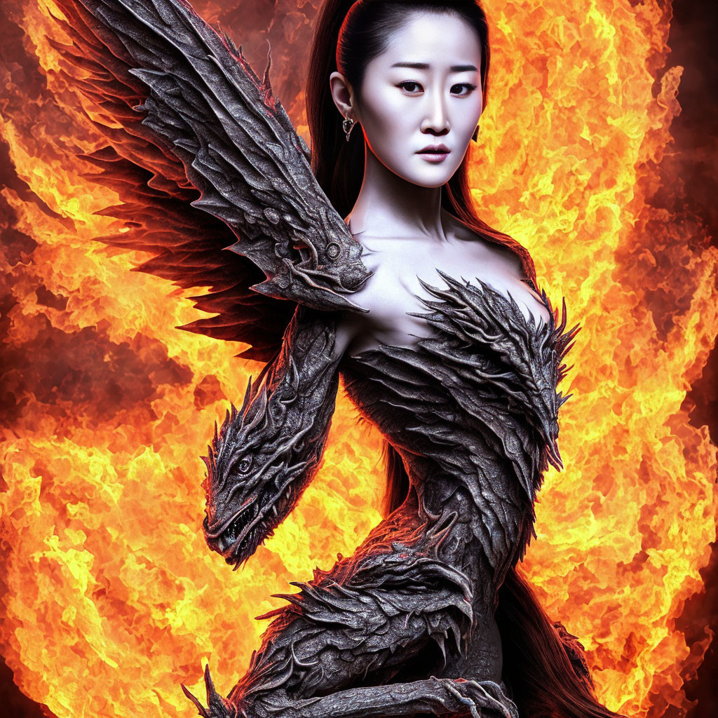 Dragon-like winged armor woman in powerful stance before flames