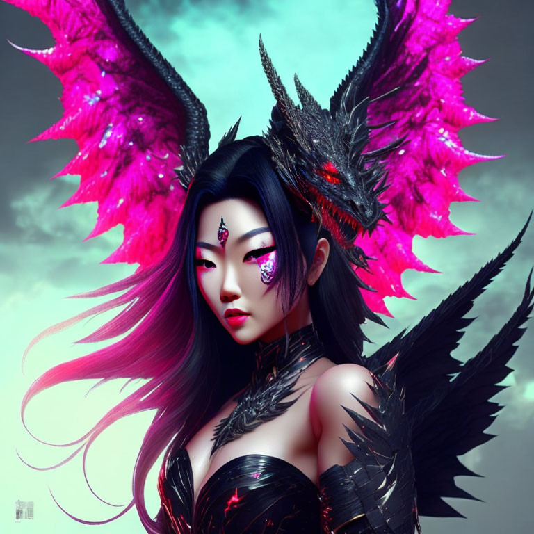 Fantastical Female Warrior with Dark Armor and Pink Hair Next to Majestic Dragon