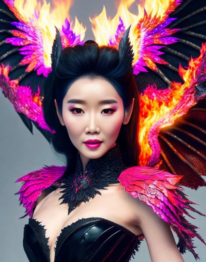 Woman in Dark Feathered Costume with Fiery Wings and Intense Makeup