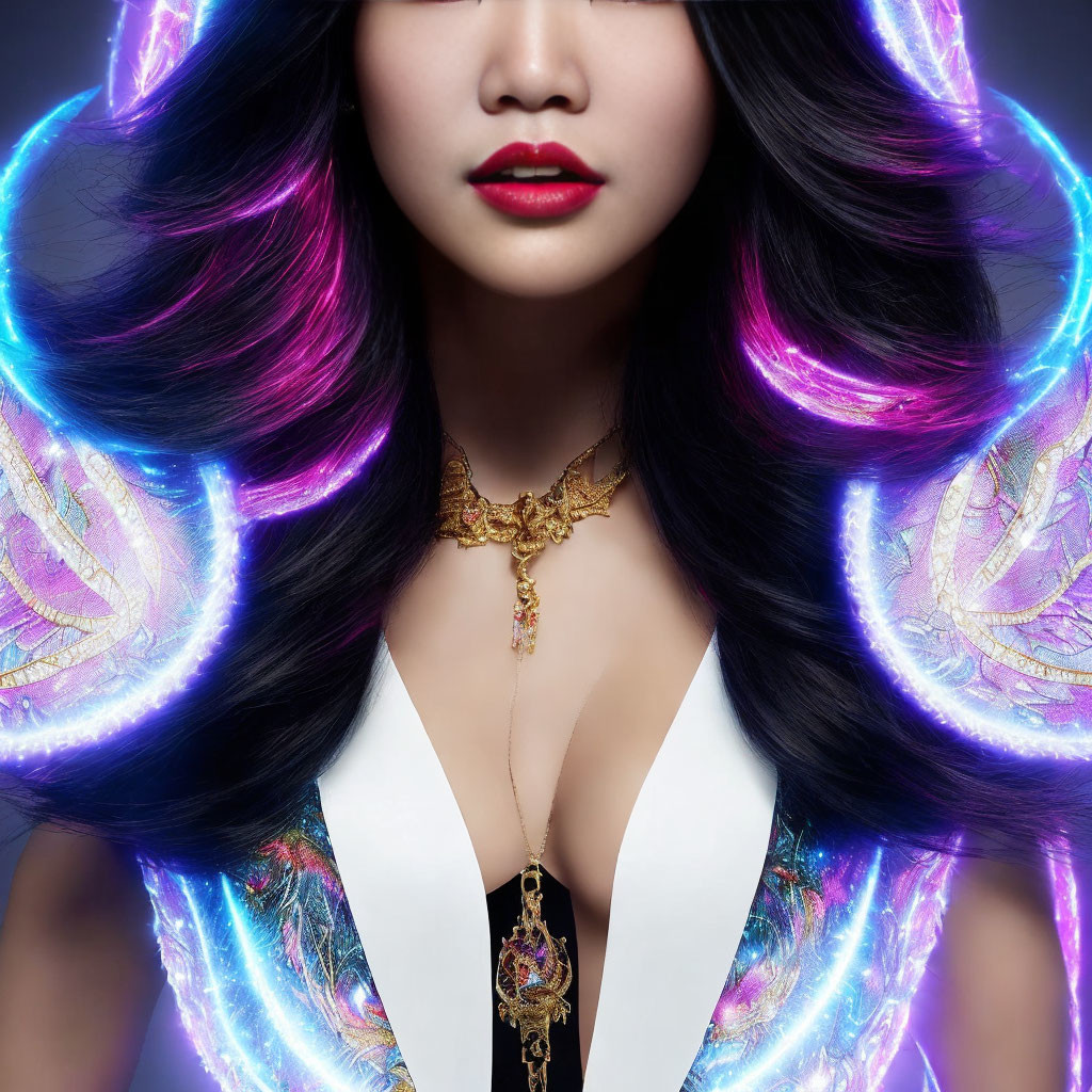 Woman with Black Hair in White Garment & Gold Necklace under Neon Lights