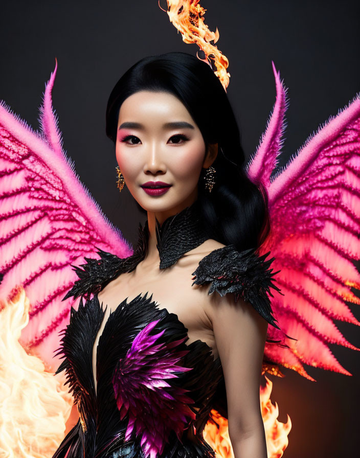 Fiery winged woman in black and pink costume on dark background