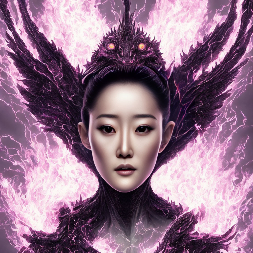 Digital Artwork: Woman with Dark Phoenix Headdress in Pink and Purple Aura