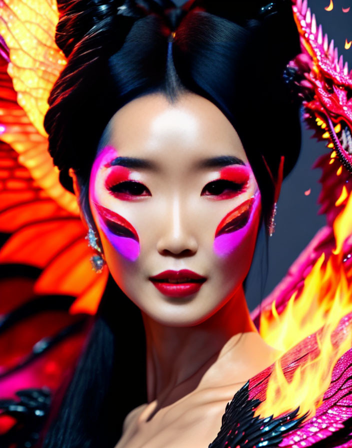 Intense woman with vibrant makeup and fiery feather-like accessories.