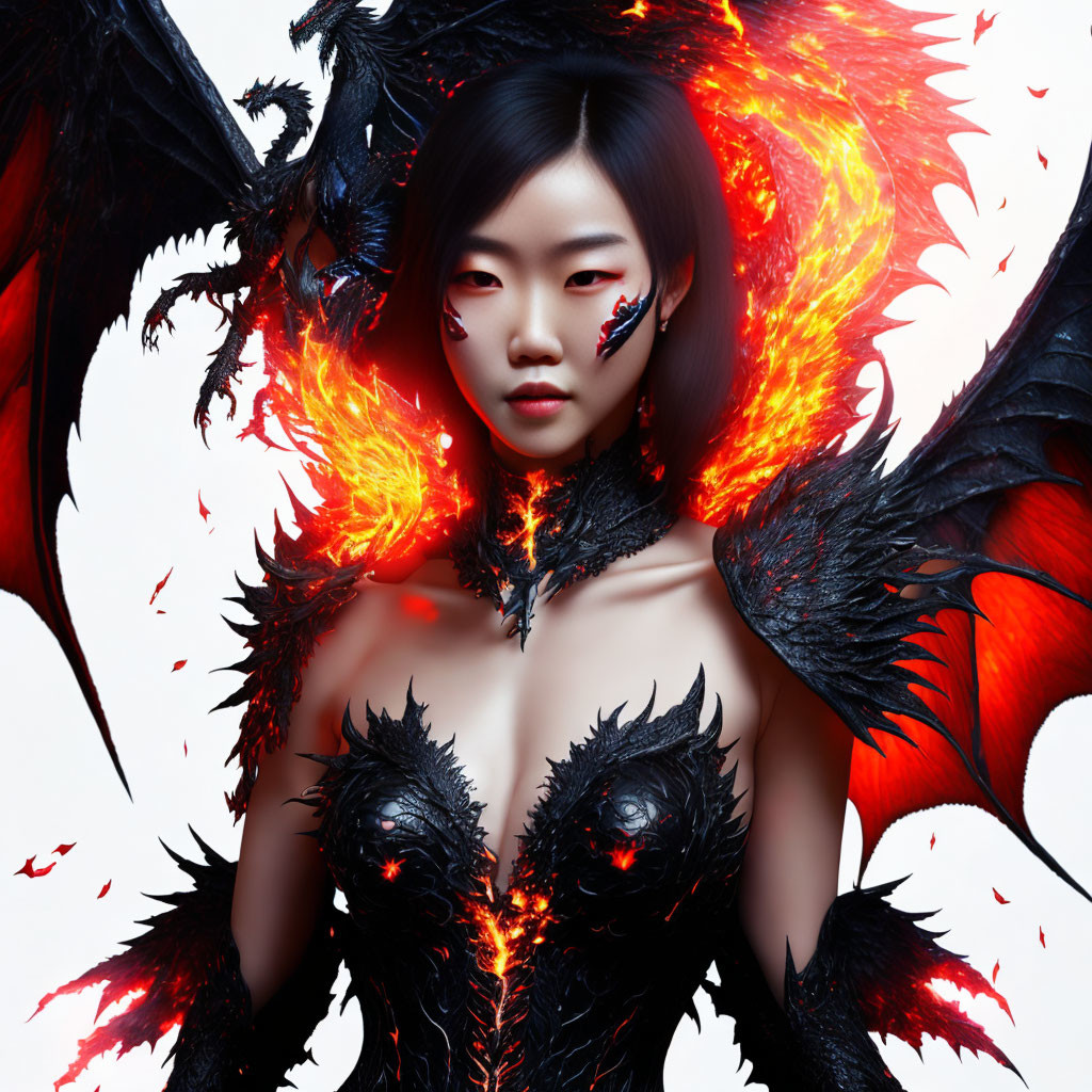 Dark-winged woman with fiery red accents and striking makeup on white backdrop