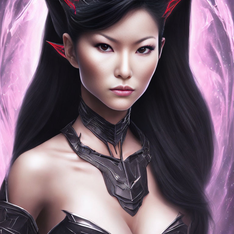 Asian Female with Dark Hair in Fantasy Armor on Pink Magical Background