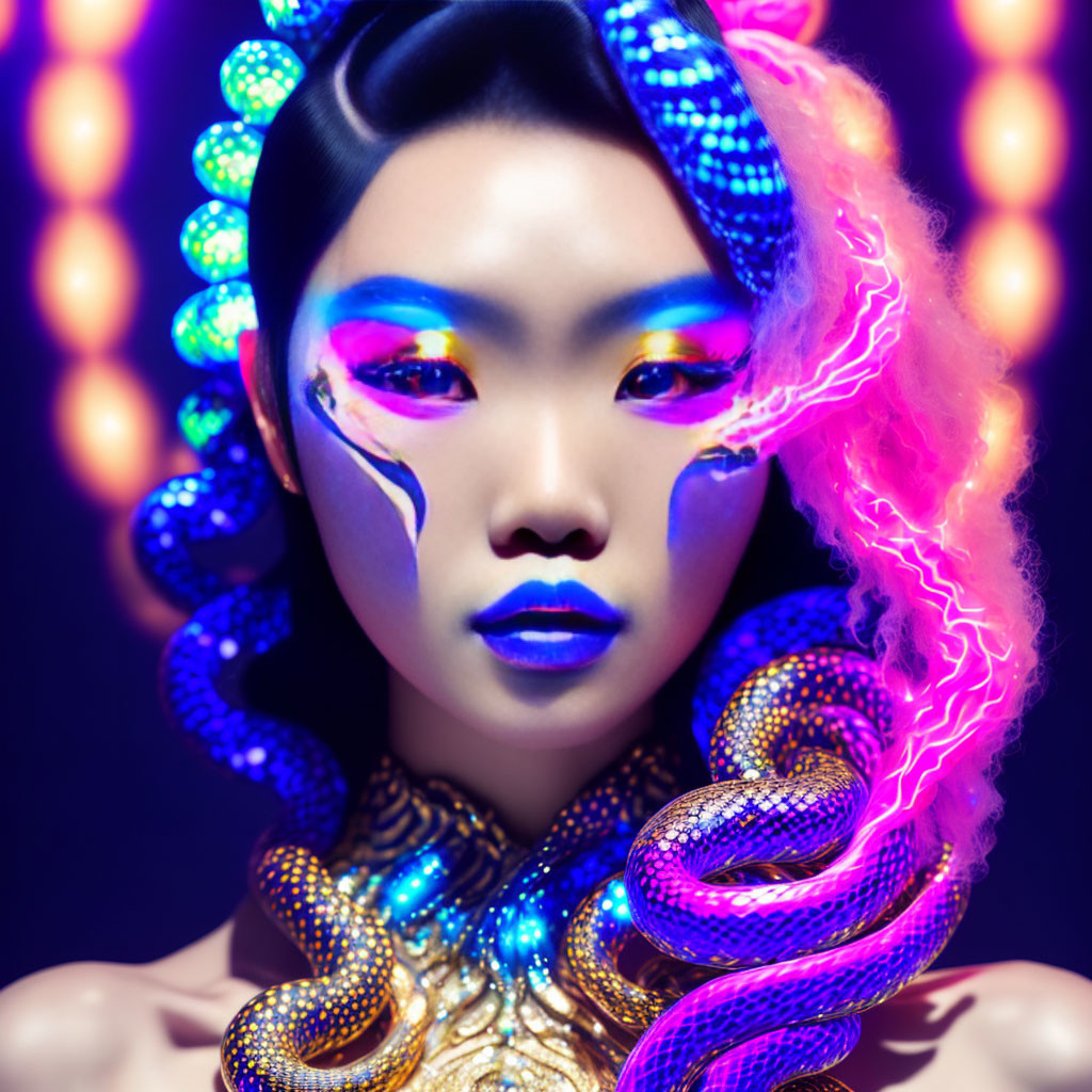 Colorful portrait of a woman with neon makeup and glowing hair accessories