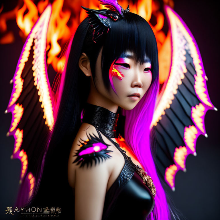 Person with vibrant makeup and dragon-themed accessories featuring flaming wings and a shoulder dragon