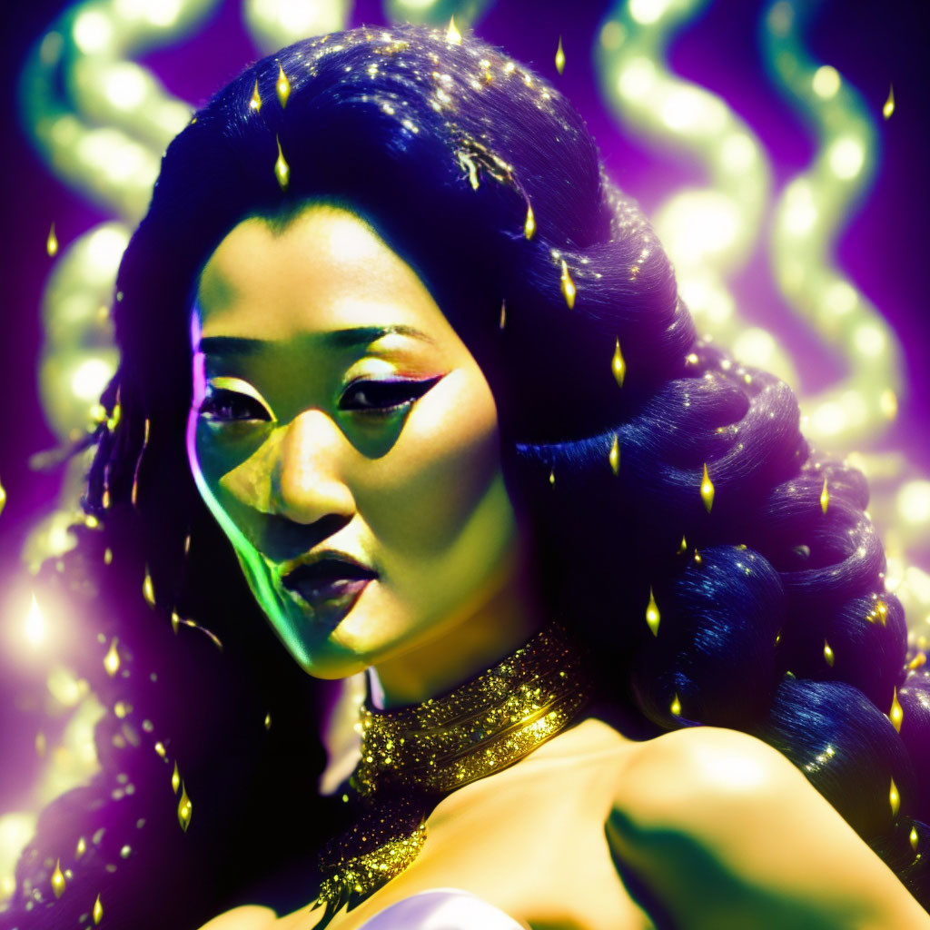 Glowing skin woman portrait with gold accents and neon backdrop