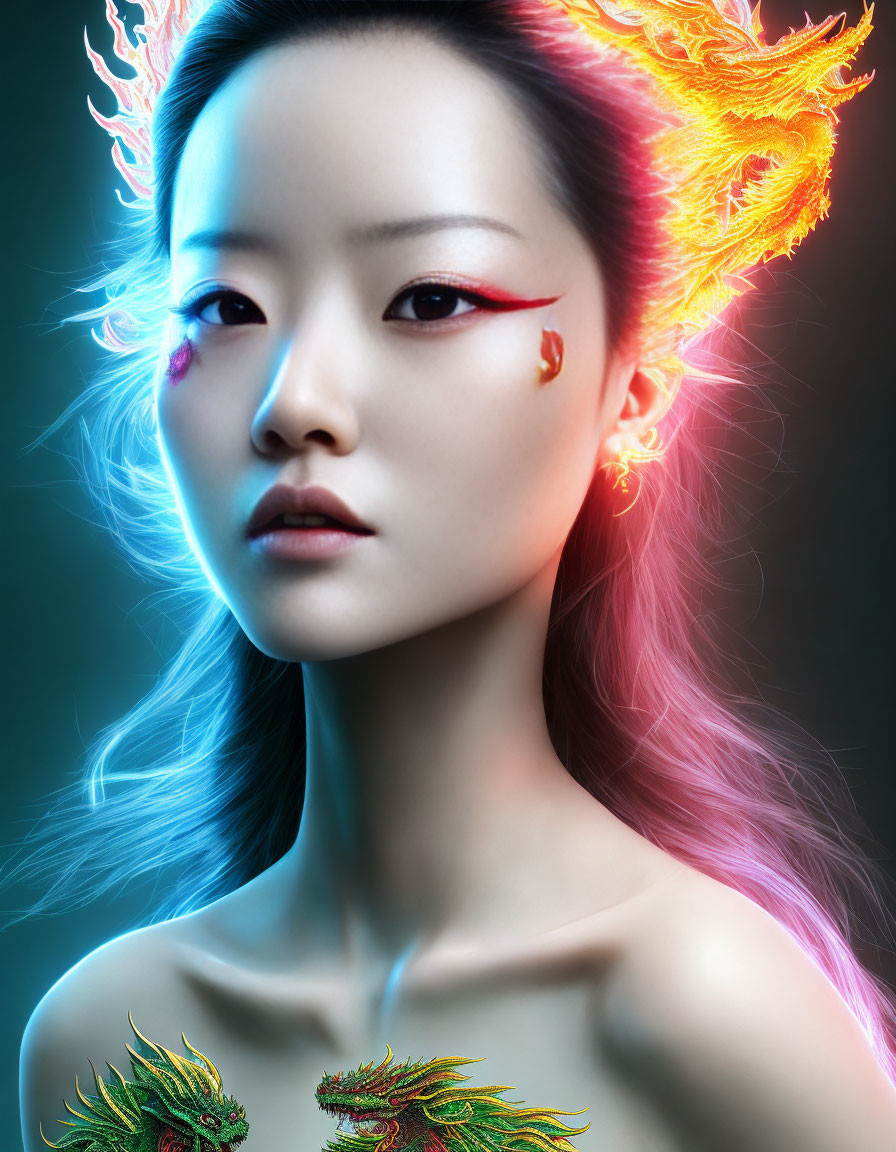 Woman with Phoenix-Themed Makeup and Glowing Tattoos in Vibrant Blues and Reds