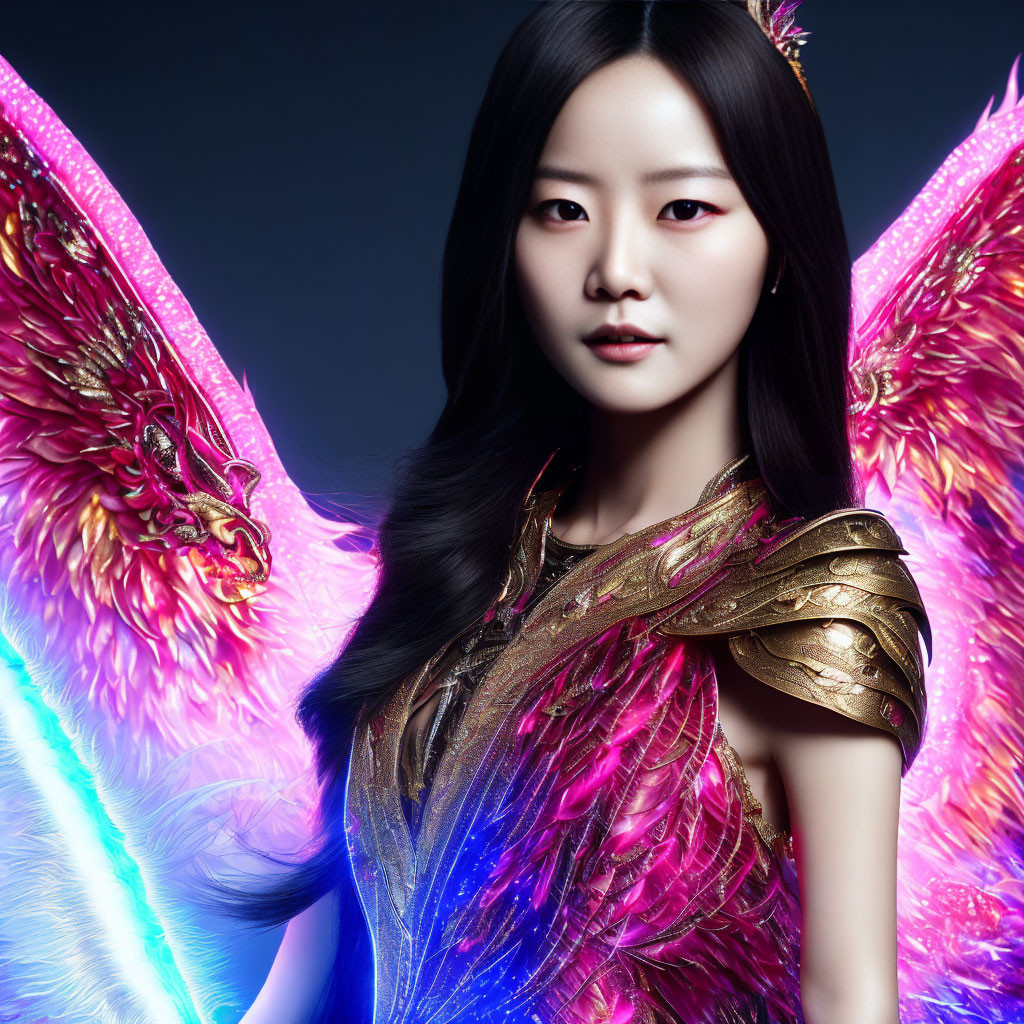 Ethereal woman in golden armor with vibrant fantasy wings