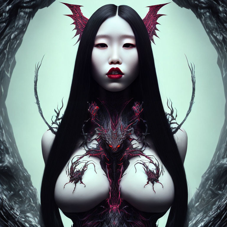 Dark fantasy image: Person with black hair, red horns, and thorn-like patterns