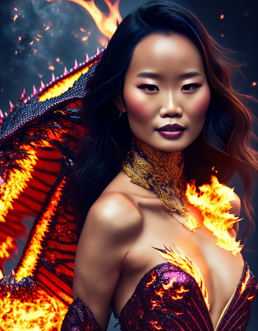 Dragon-themed elegant woman with golden jewelry symbolizing power.