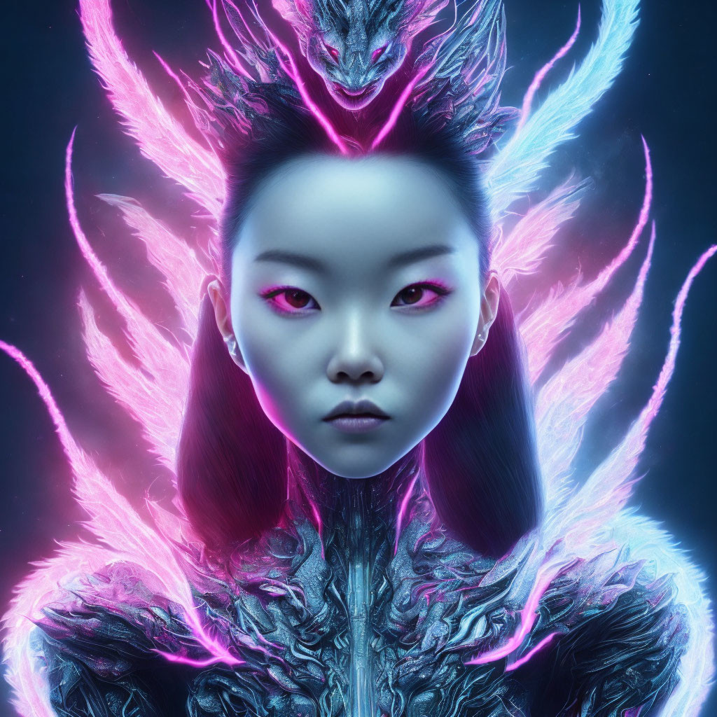 Woman with Pink Glowing Eyes and Neon Feathers on Dark Background