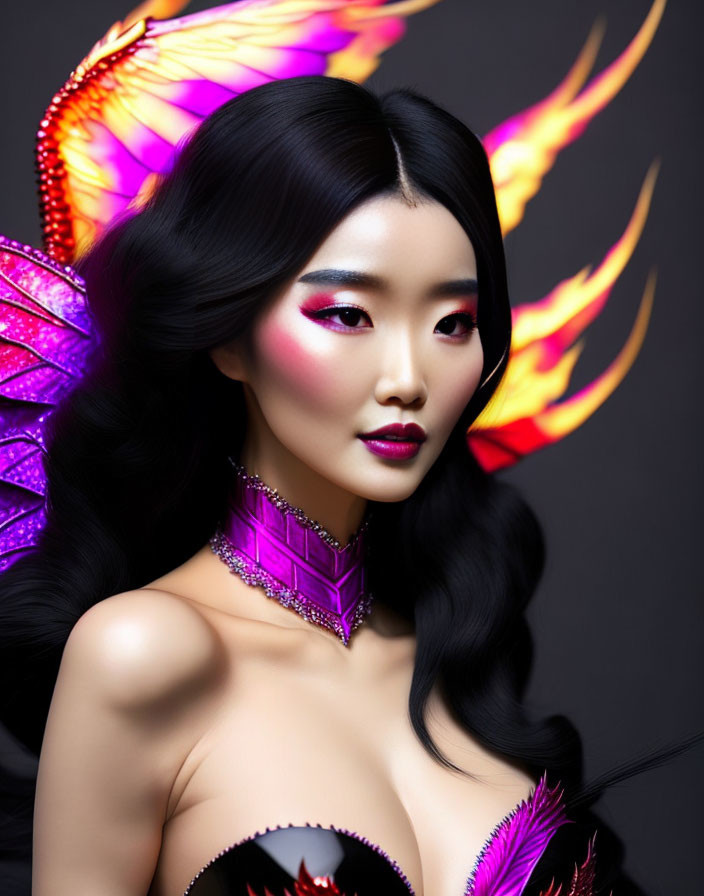 Dark-haired woman with vibrant pink makeup and fiery fantasy butterfly wings on dark background