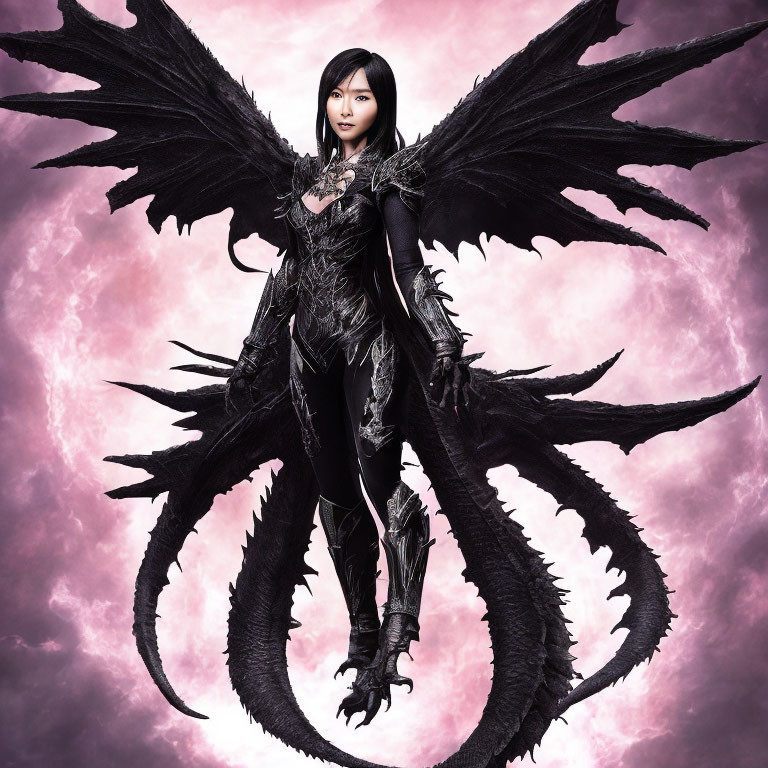 Woman in dark armor with intricate dragon wings against pink cloud background