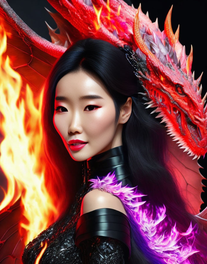 Dark-haired woman with red makeup beside fiery red dragon on black background