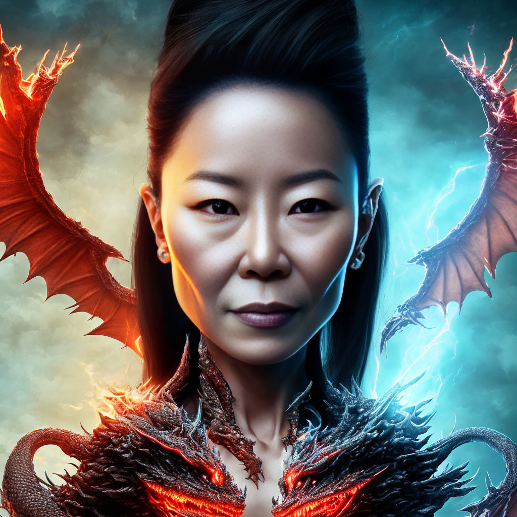 Woman with elf-like ears between two fiery dragons on glowing blue background