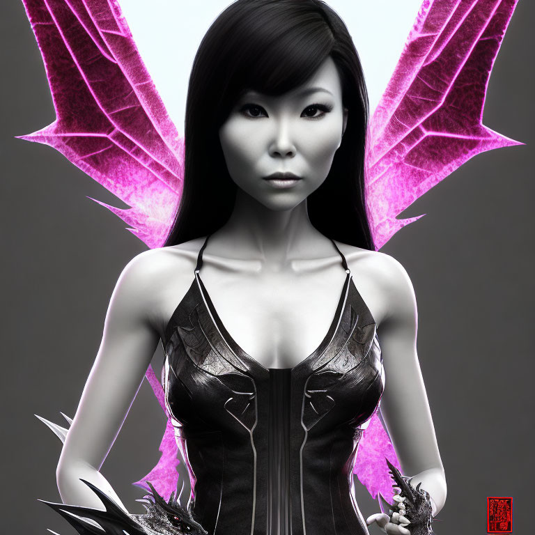 Digital artwork: Woman with violet translucent wings in black outfit on grey background