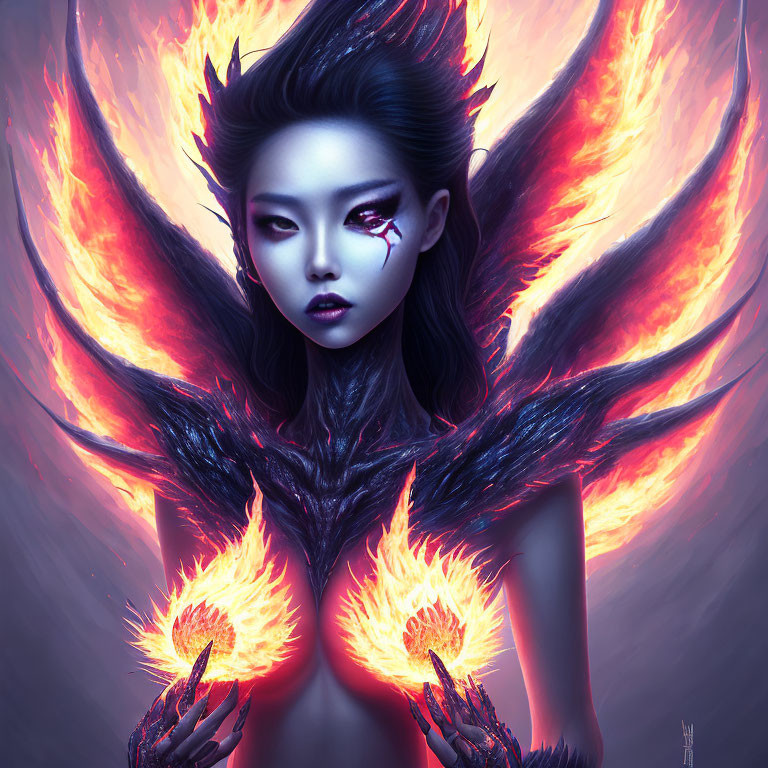 Dark-haired woman with fiery wings and flames in hands, mystical fantasy illustration