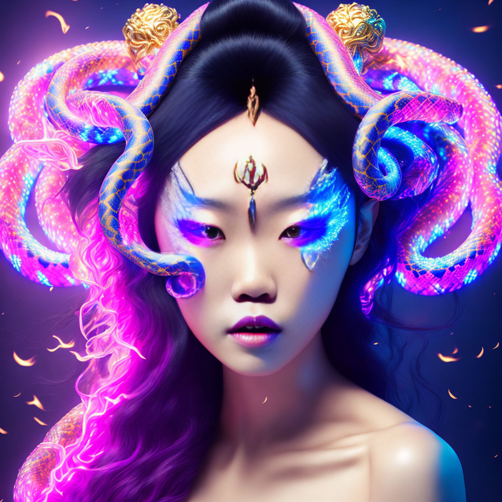 Surreal portrait: Woman with glowing serpentine creatures in hair