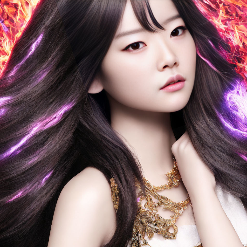 Woman with long dark hair and gold necklace in front of purple and orange flames