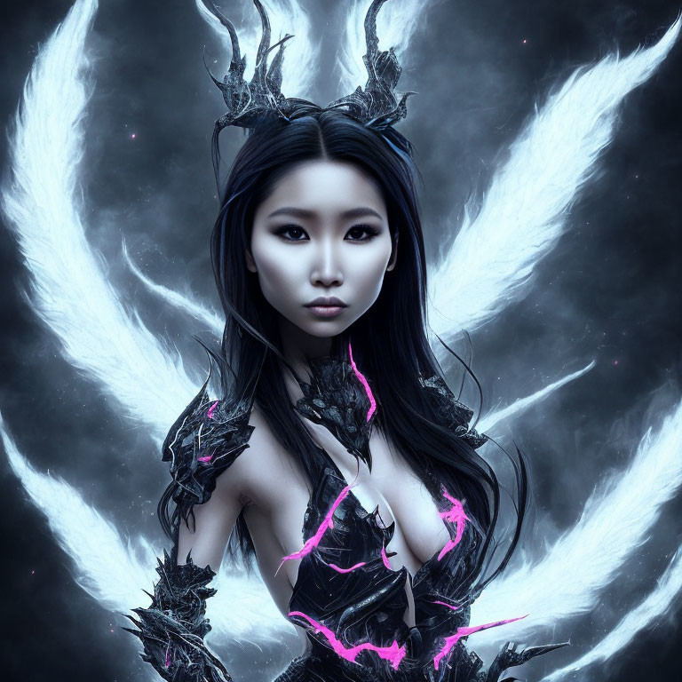 Dark Horned Woman with Pink Accents and White Wings