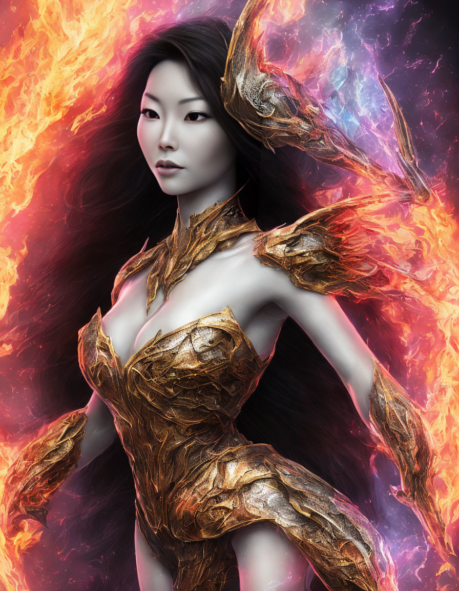 Ethereal woman in golden armor with fiery cosmic energy