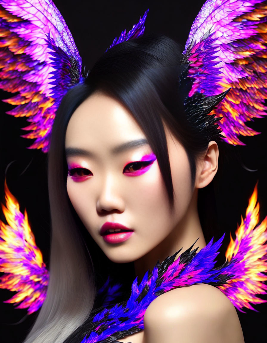 Vibrant pink and blue feathered wings woman on black background