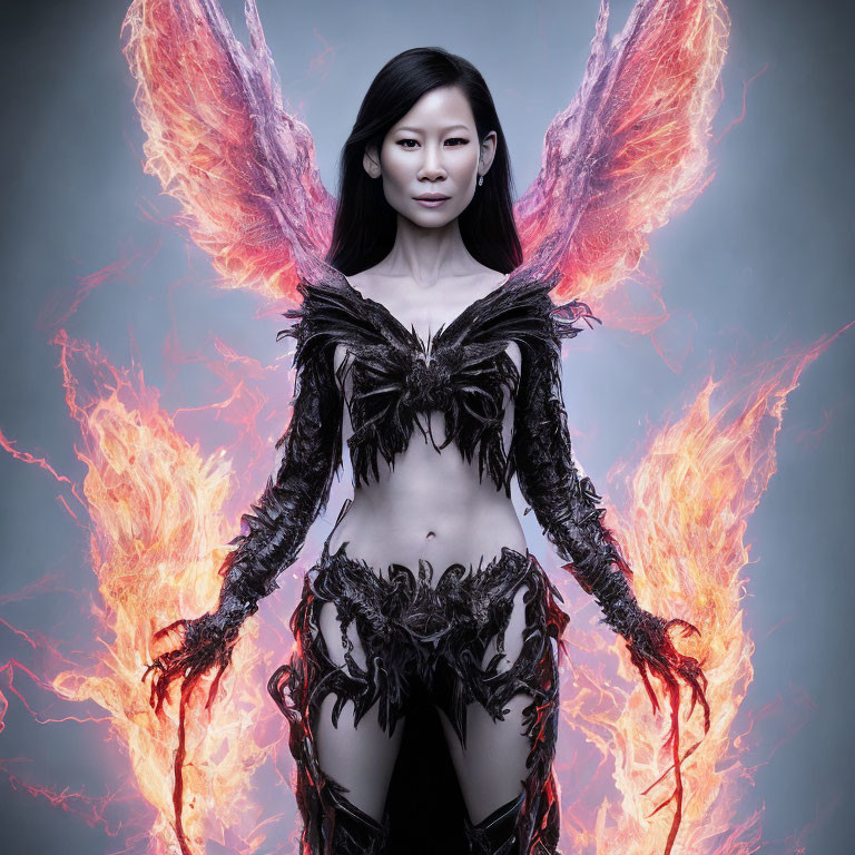 Fiery-winged figure in black costume on grey background