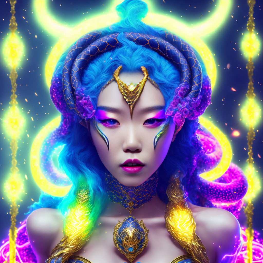 Colorful digital artwork: Woman with blue hair, gold jewelry, neon accents, psychedelic background