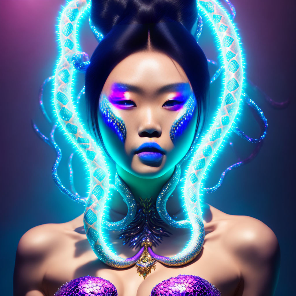 Futuristic woman with glowing blue hair ornaments and purple makeup