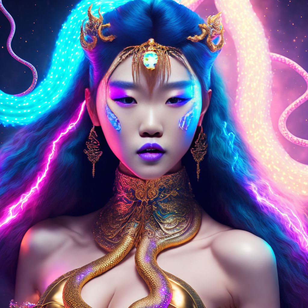 Vibrant blue-haired woman with gold accessories in cosmic setting