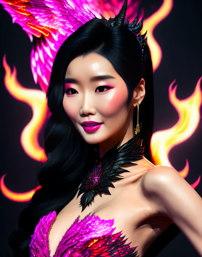 Dark-haired woman in vibrant pink and black feathers against fiery backdrop