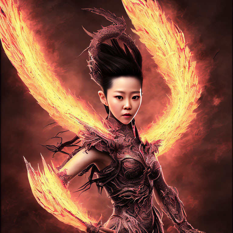 Fiery winged figure with branch-like armor on red background