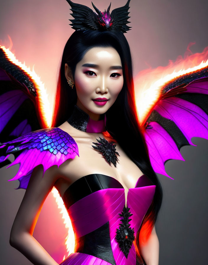 Elaborate fantasy costume with fiery wings and black feathers