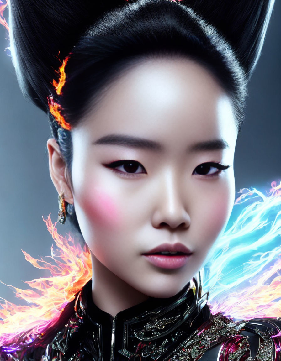 Elaborate Hairstyle with Vibrant Flames and Futuristic Outfit