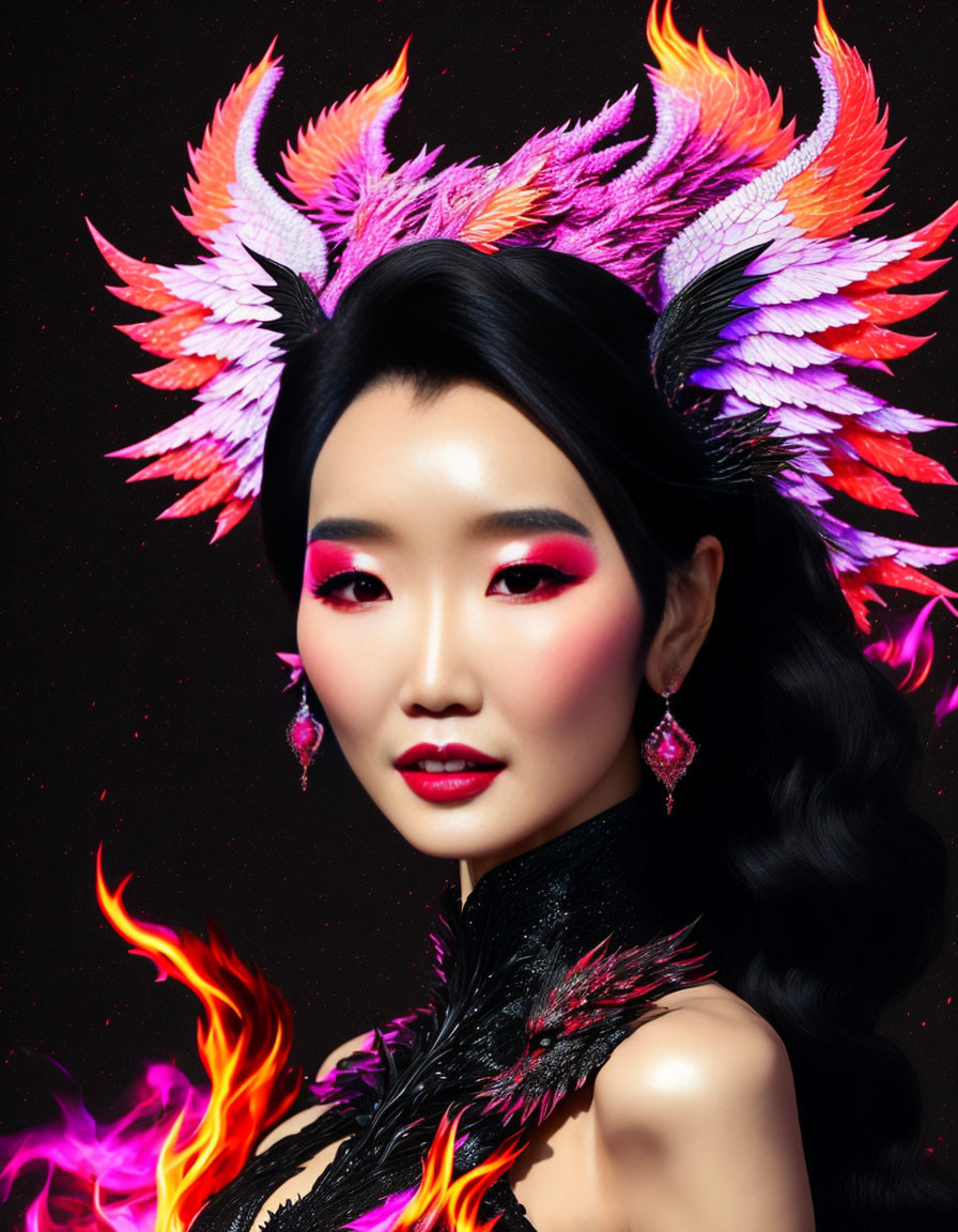 Vibrant Makeup and Phoenix Headdress on Woman in Dark Setting