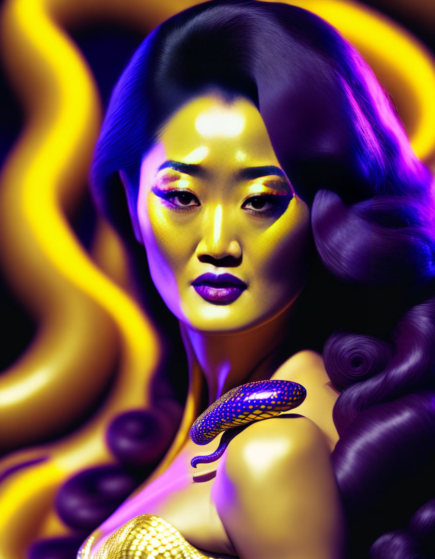 Vibrant yellow and purple digital art of woman with snake