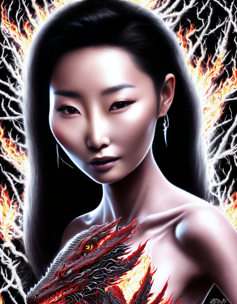 Asian woman portrait with serene expression and fiery dragon tattoo in glowing energy.